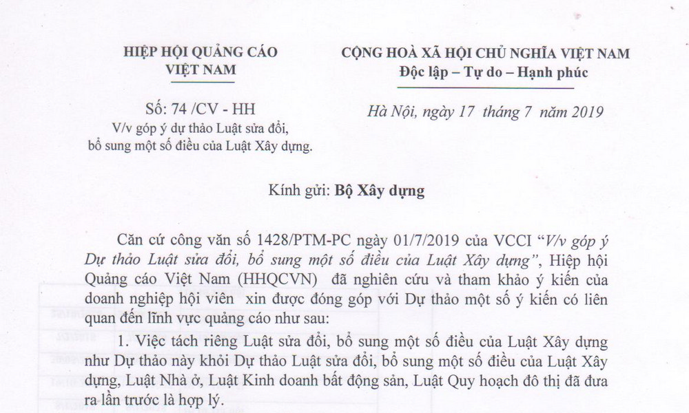Thông báo về công văn số 73 của VAA gửi lên UBND Hà Nội và công văn số 74 gửi lên Bộ Xd