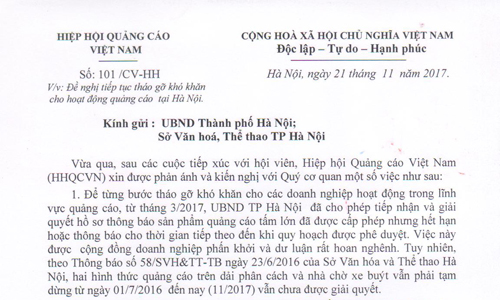 Kiến nghị của VAA gửi UBND TP Hà Nội về việc tháo gỡ khó khăn cho hoạt động quảng cáo tại Hà Nội