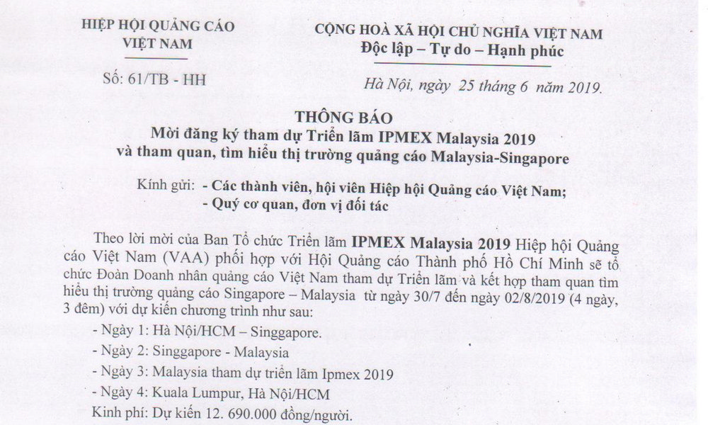 Thư mời hội viên hiệp hội quảng cáo Việt Nam tham dự triển lãm IPMEX Malaysia 2019