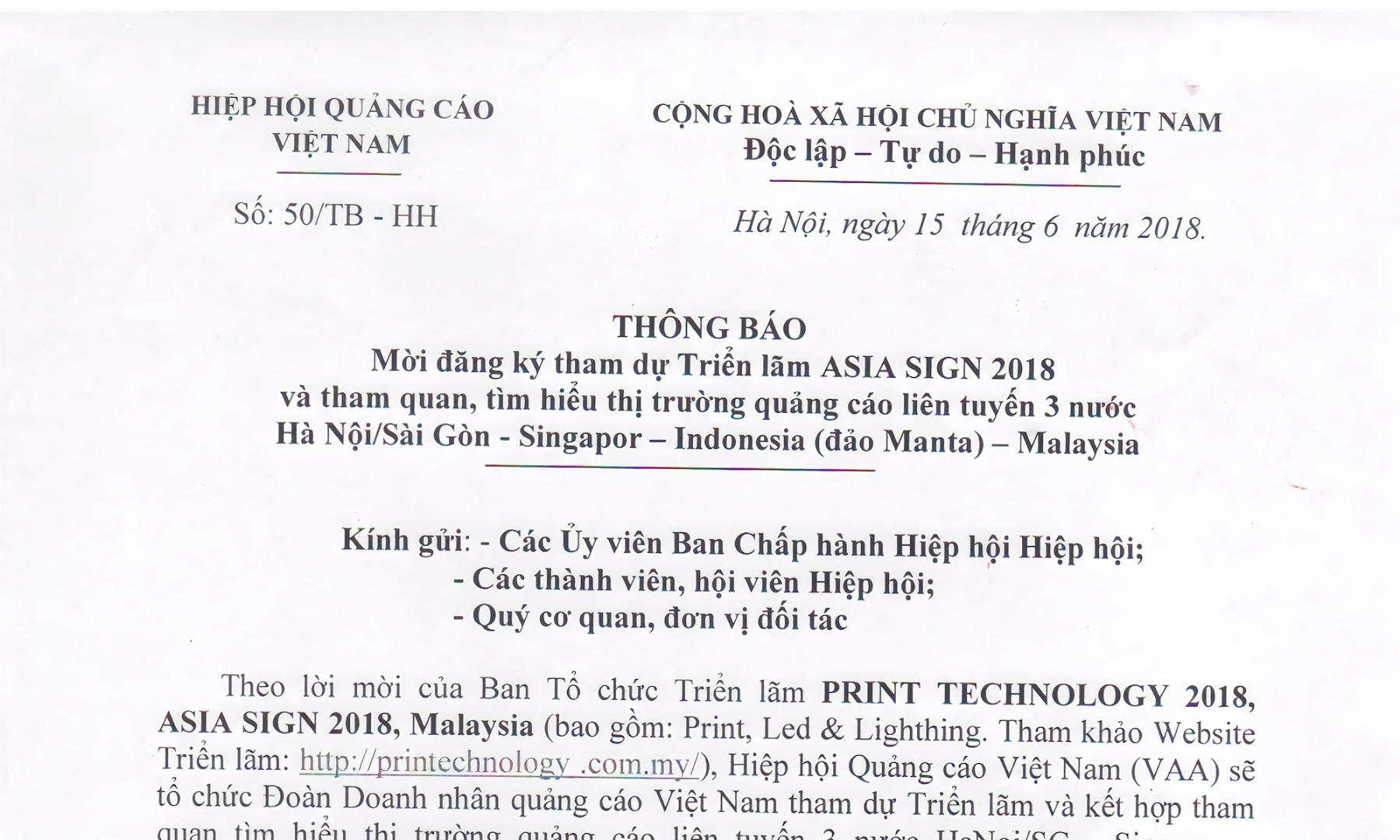 Thư mời hội viên hiệp hội quảng cáo Việt Nam tham dự triển lãm ASIA SIGN 2018