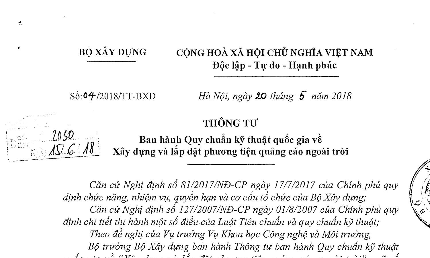 Thông báo về việc ban hành thông tư số 04/2018/TT-BXD của Bộ Xây Dựng