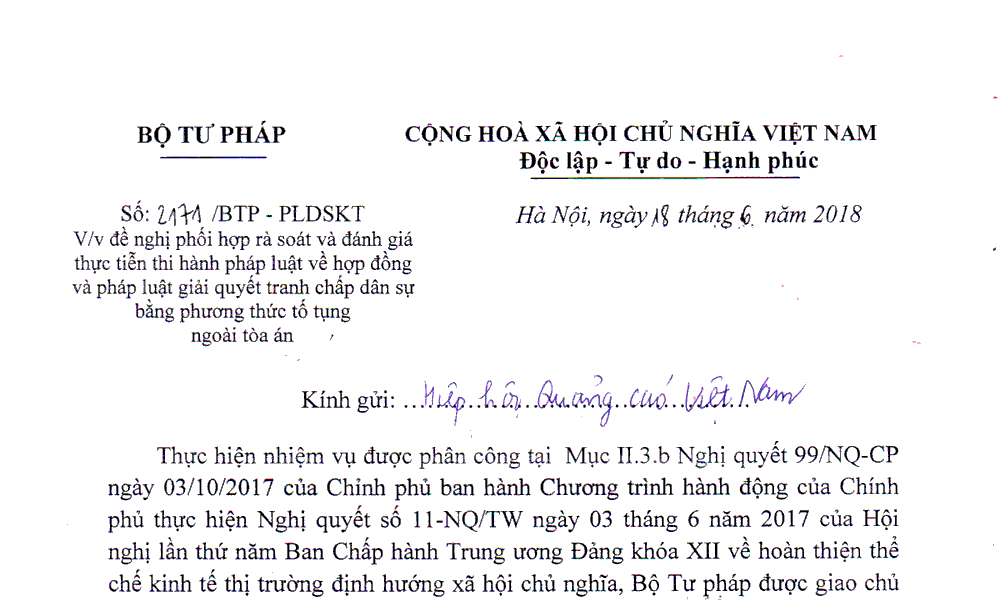 Thông báo với hội viên HHQC về công văn số 2171/BTP - PLDSKT của Bộ Tư Pháp