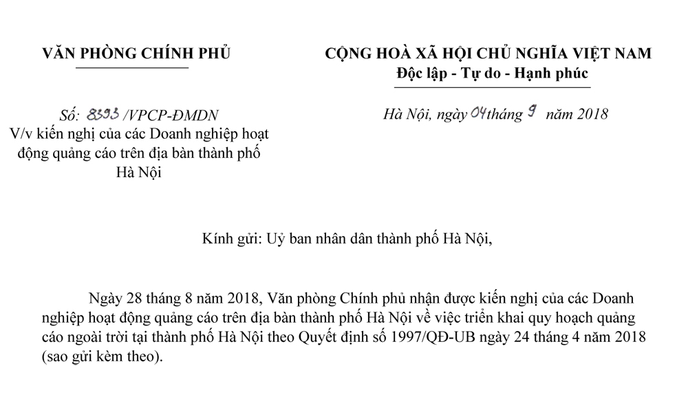 Thông báo về các đề xuất của VAA xung quanh việc triển khai QHQC ngoài trời ở HN