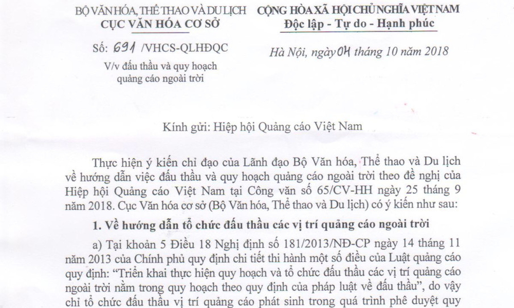Thông báo về phản hồi của Cục Văn hoá cơ sở đối với Công văn số 65/CV-HH của VAA