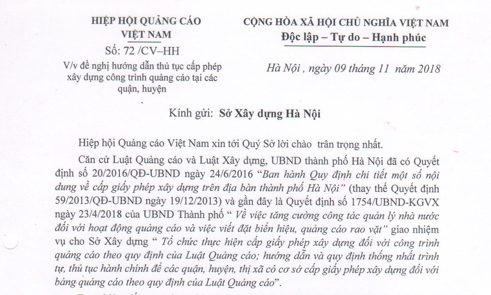 Thông báo về công văn số 72/CV-HH của VAA gửi lên Sở Xây dựng Hà Nội