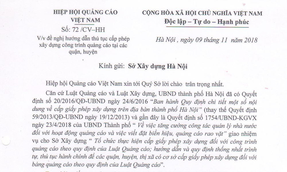 Thong bao ve cong van so 72/CV-HH cua VAA gui len So Xay dung Ha Noi