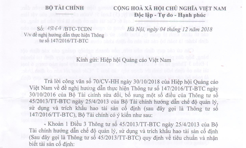 Thông báo về phản hồi của Bộ Tài Chính đối với Công văn số 70/CV-HH của VAA