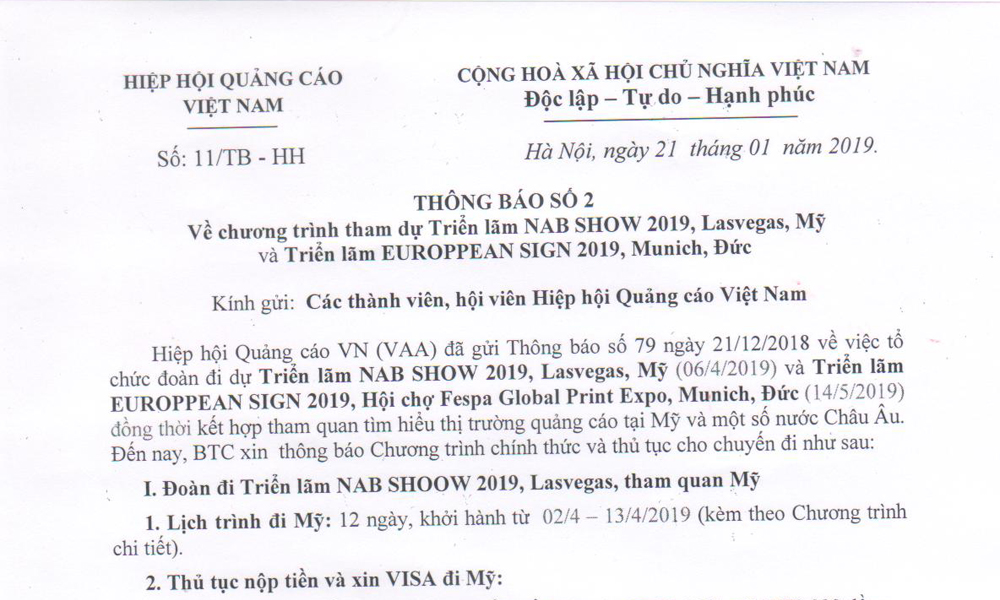 Thông báo số 2: Về chương trình đi Mỹ và Châu Âu 2019