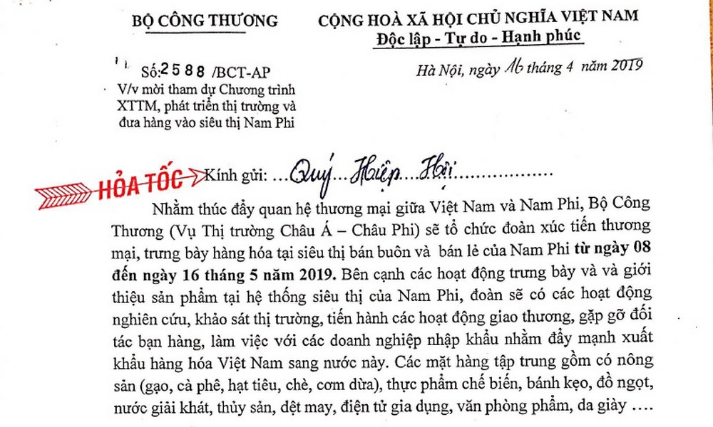 Thư mời Hội viên VAA và các Doanh nghiệp tham gia Chương trình XTTM tại Nam Phi