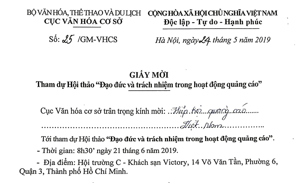 Thư mời HV VAA tham dự Hội thảo “Đạo đức và trách nhiệm trong hoạt động quảng cáo”