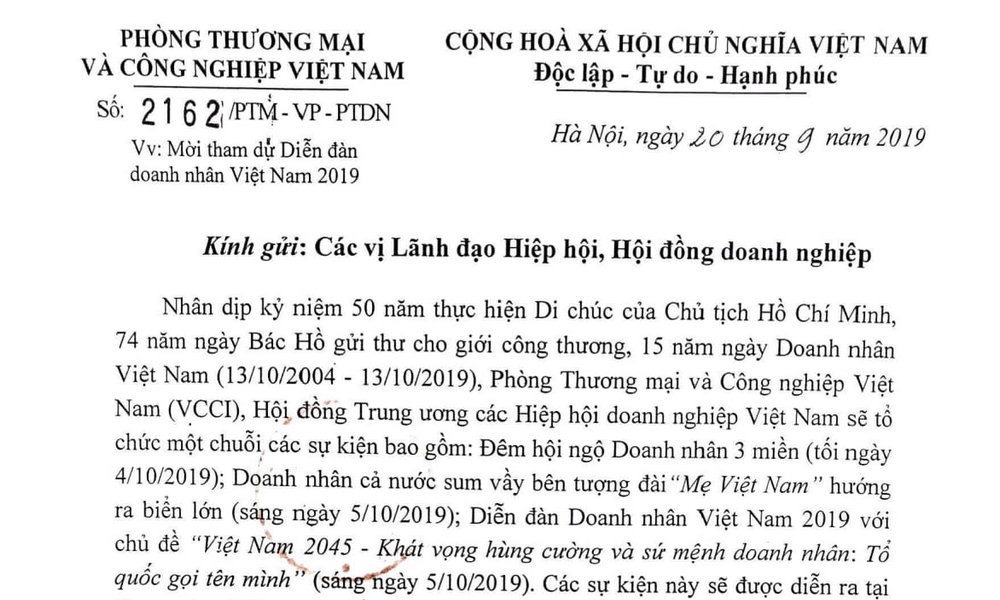 Thu moi hoi vien VAA den tham du Dien dan doanh nhan Viet Nam 2019