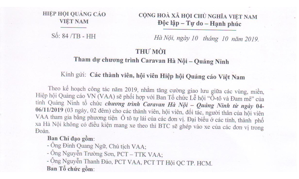 Thư mời hội viên VAA tham dự chương trình Caravan 2019