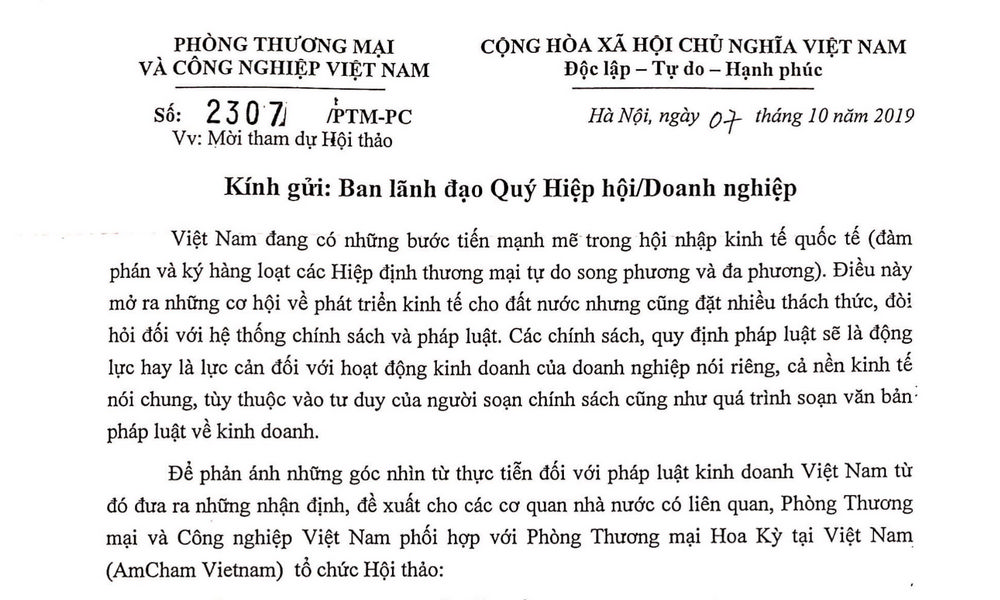 Thư mời hội viên VAA tham dự Hội thảo "Pháp luật Việt Nam đã sẵn sàng cho hội nhập?"