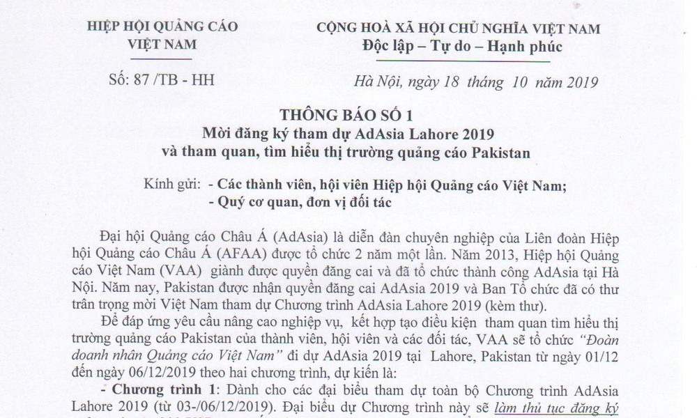 Thông báo mời Hội viên VAA tham dự AdAsia Lahore 2019