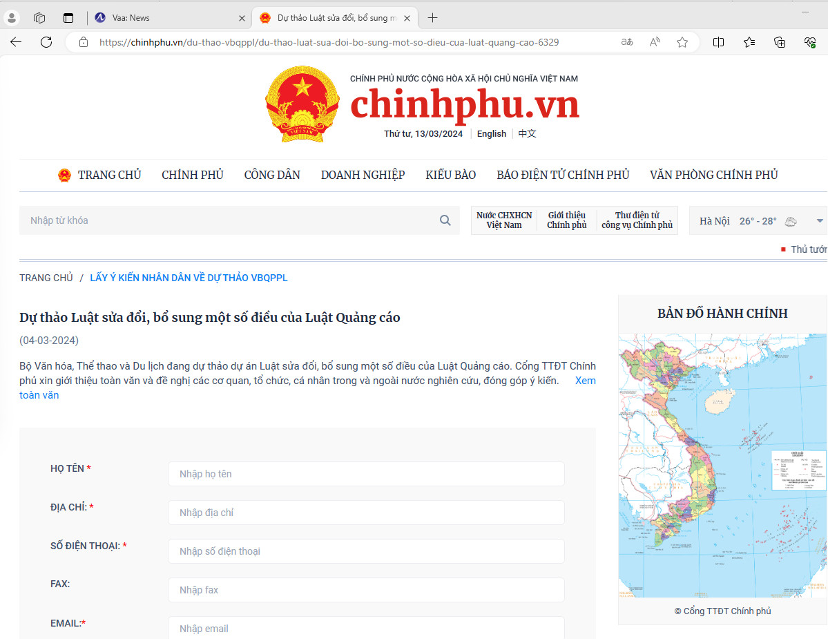 THÔNG BÁO LẤY Ý KIẾN ĐÓNG GÓP SỬA ĐỔI LUẬT